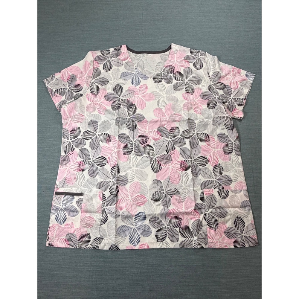 Womens Pink Grey‎ Leaf Print Scrub Top V-Neck Medical Uniform 2 Pockets 3XL
